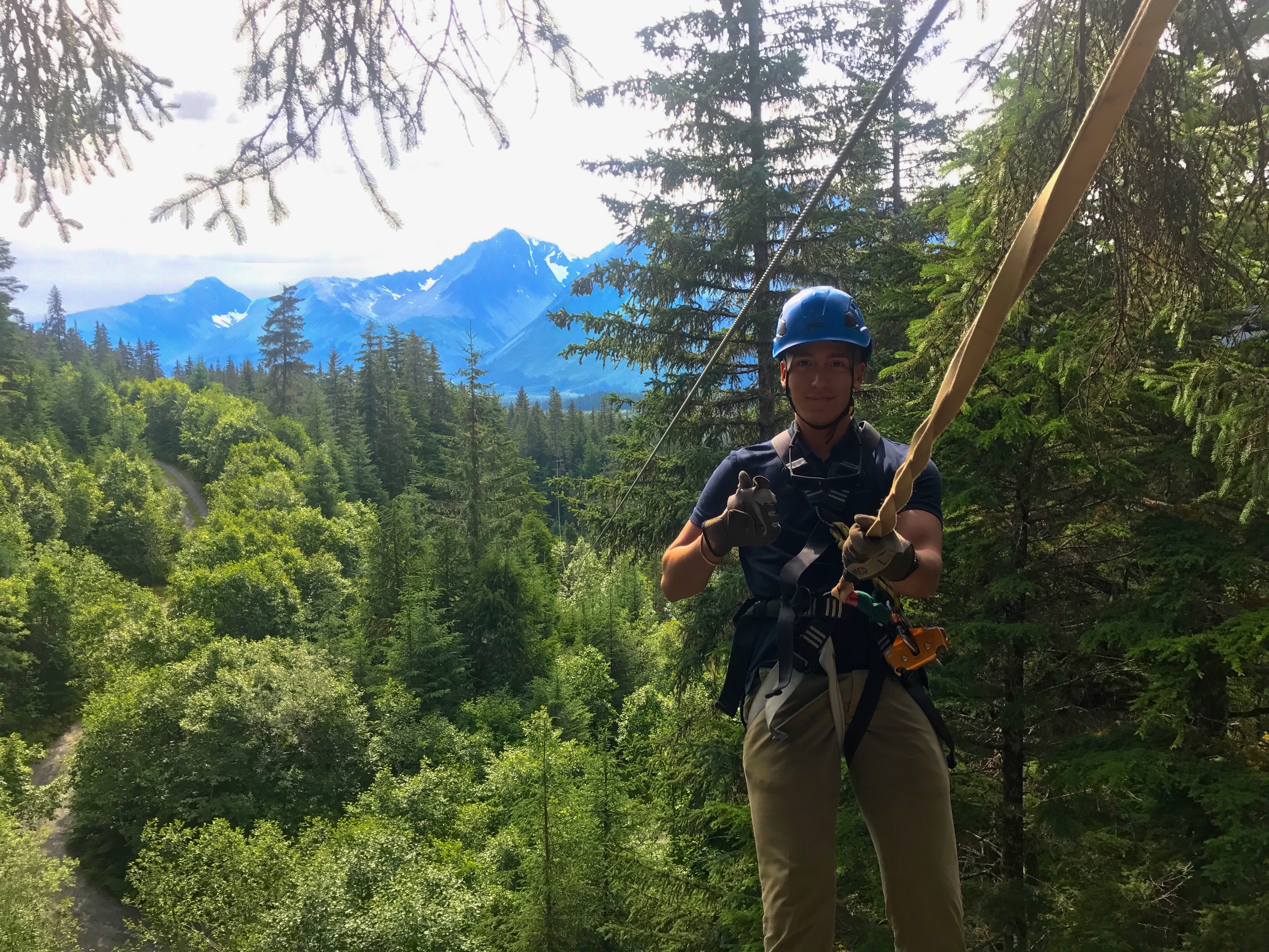 A man holding onto a rope while standing on top of a tree.